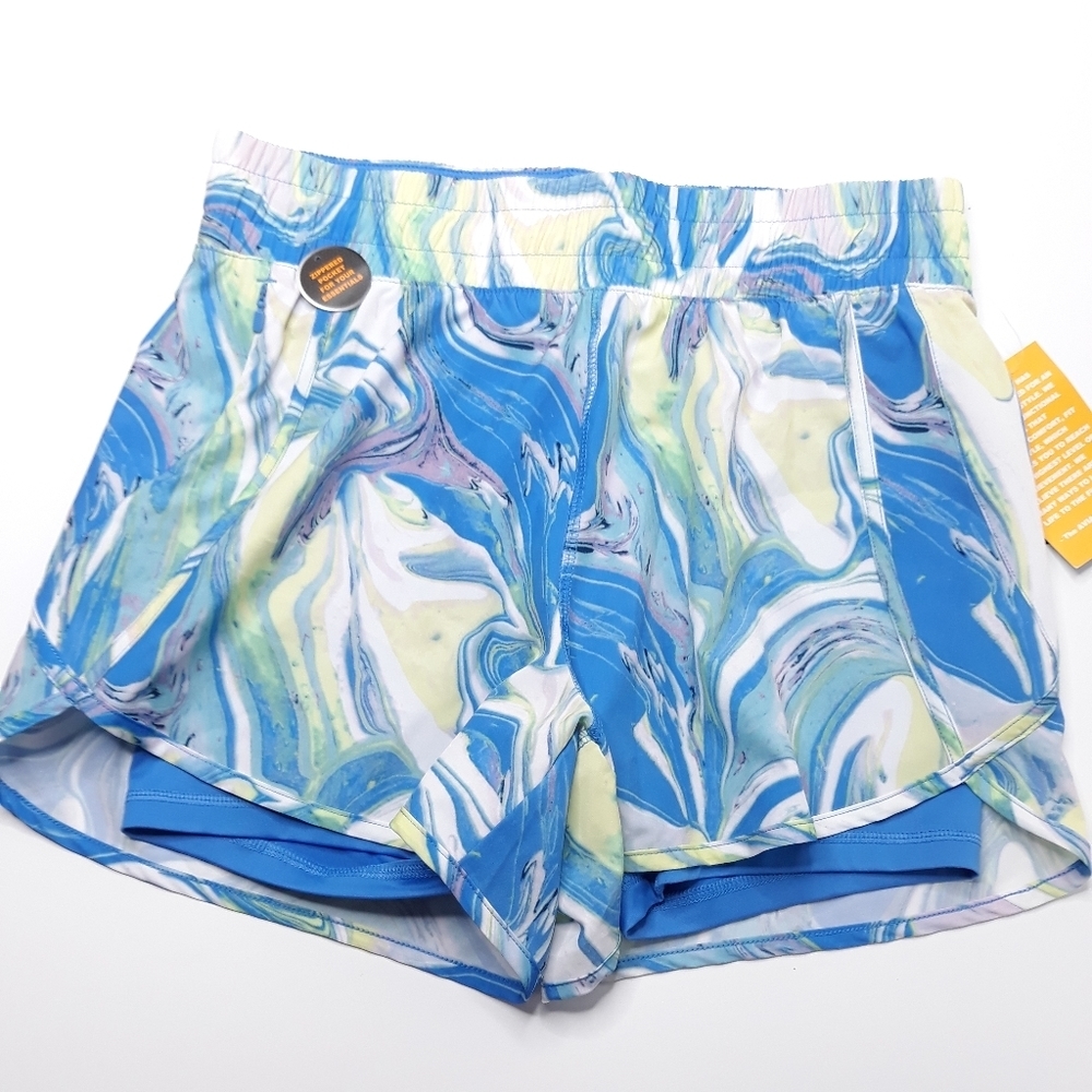 NWT Avia Size Medium Women's Exercise/Athletic Short Blue Swirl on White